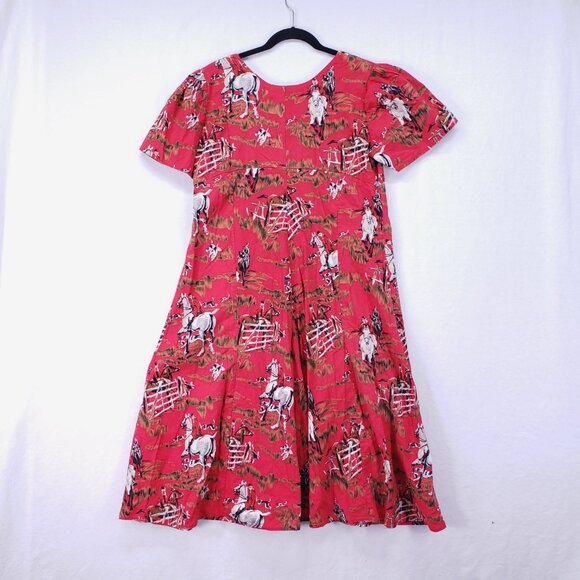 Women's Red Western Fit and Flare Horseback Riding Hunting Print Design Dress - Picture 9 of 11